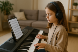 Enfant qui joue du piano avec une tablette numérique comme partition